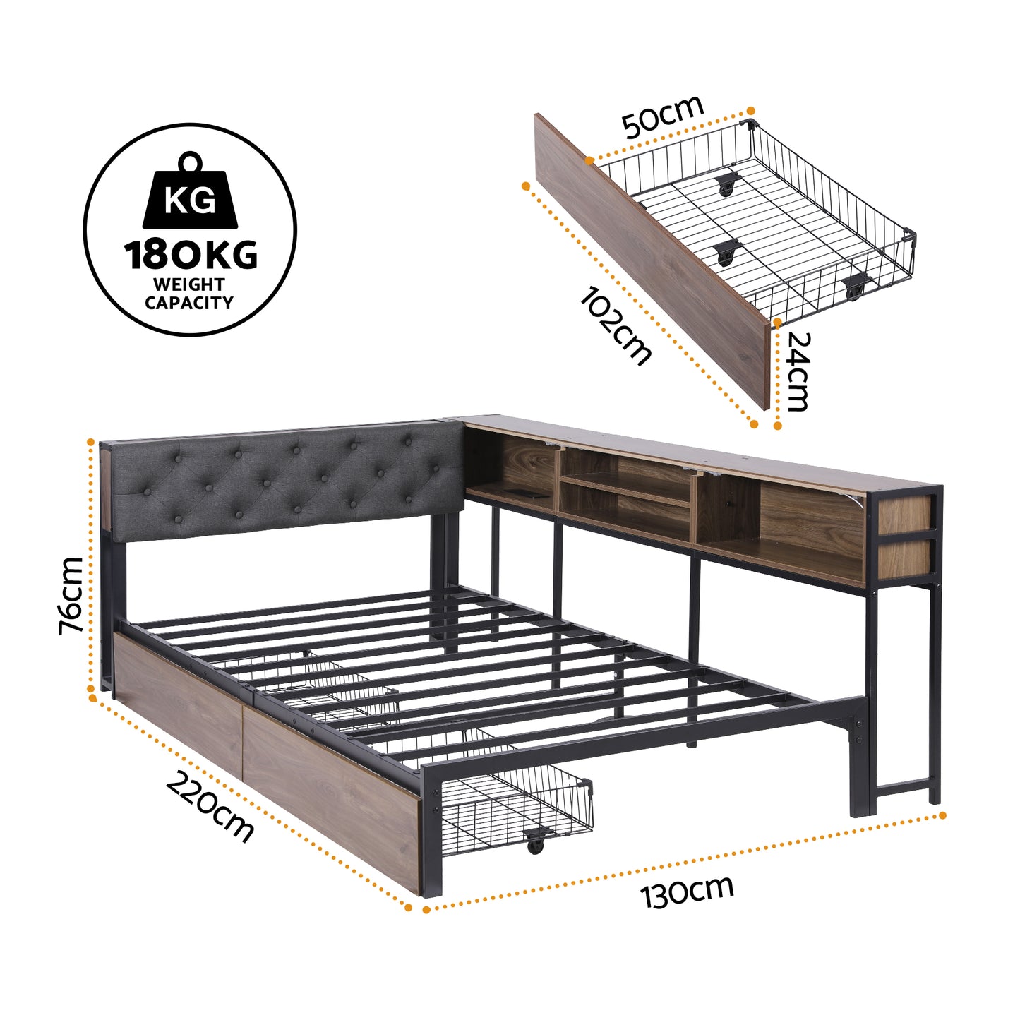 TWSC Bed Frame King Single Size with 2 Drawers and Charging Station Metal Corner Bed Base