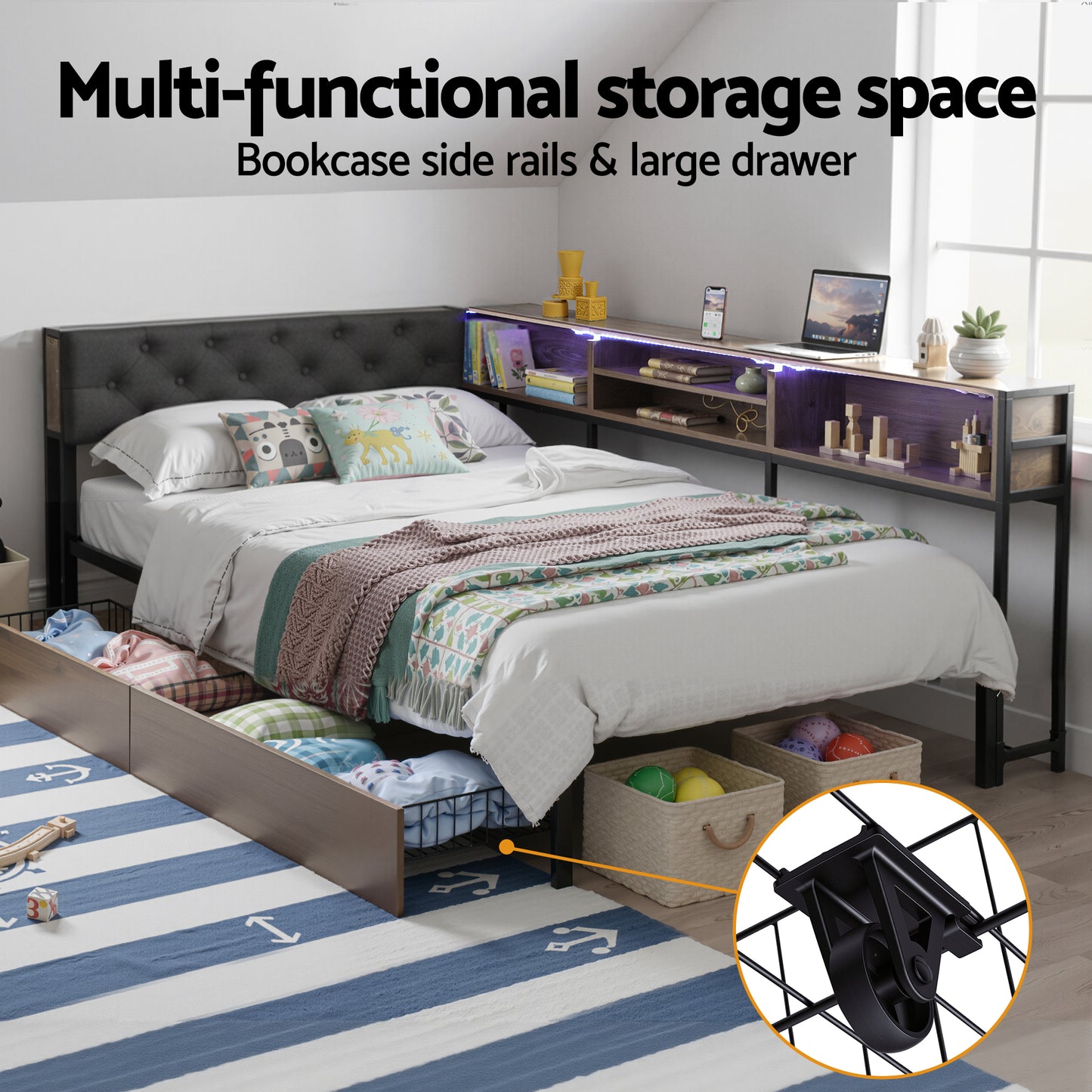 TWSC Bed Frame King Single Size with 2 Drawers and Charging Station Metal Corner Bed Base