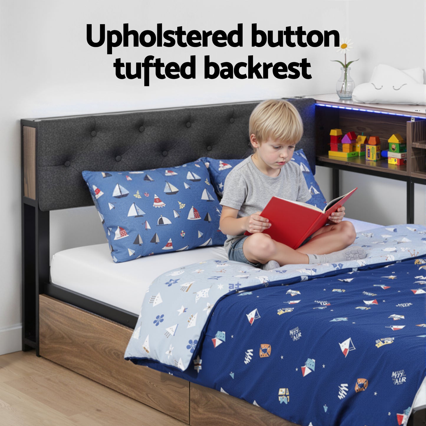 TWSC Bed Frame King Single Size with 2 Drawers and Charging Station Metal Corner Bed Base