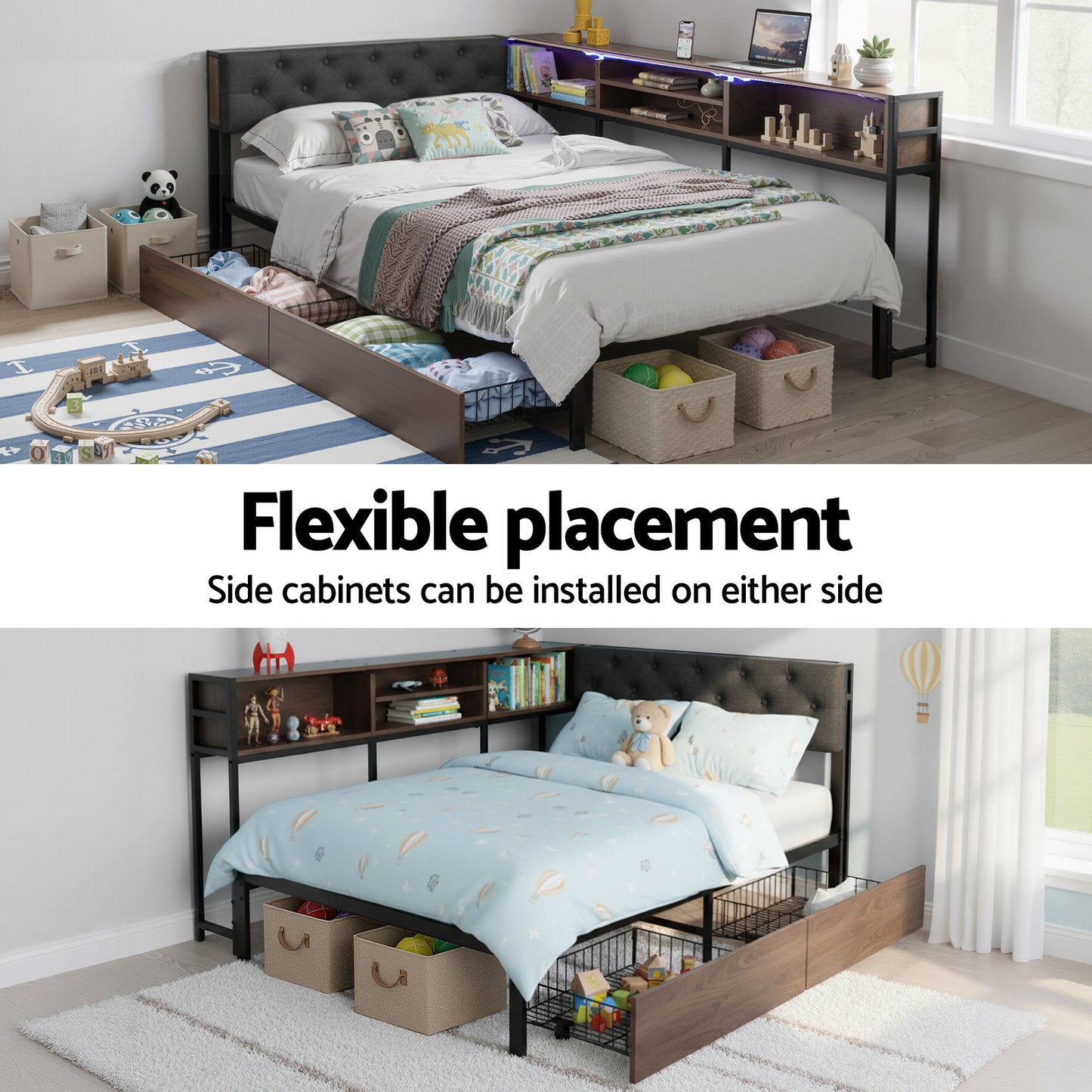 TWSC Bed Frame King Single Size with 2 Drawers and Charging Station Metal Corner Bed Base