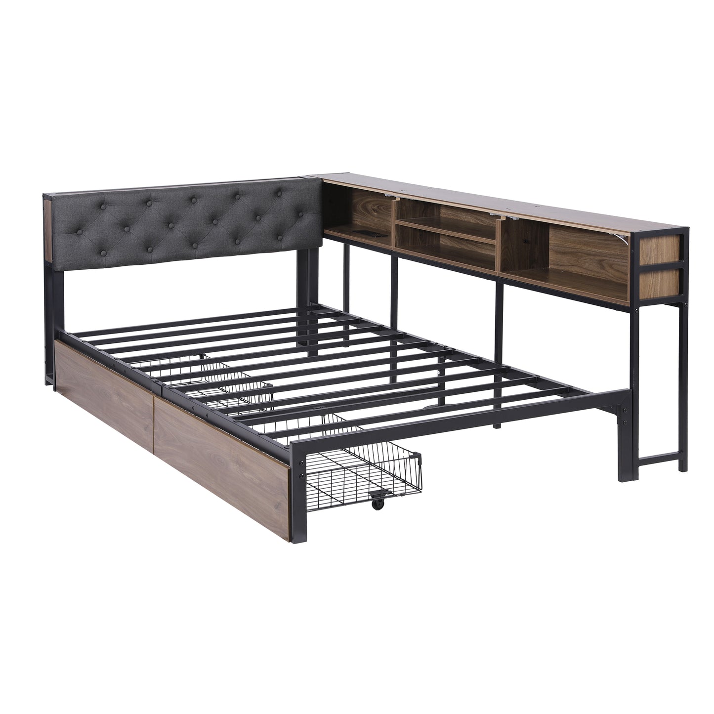 TWSC Bed Frame King Single Size with 2 Drawers and Charging Station Metal Corner Bed Base