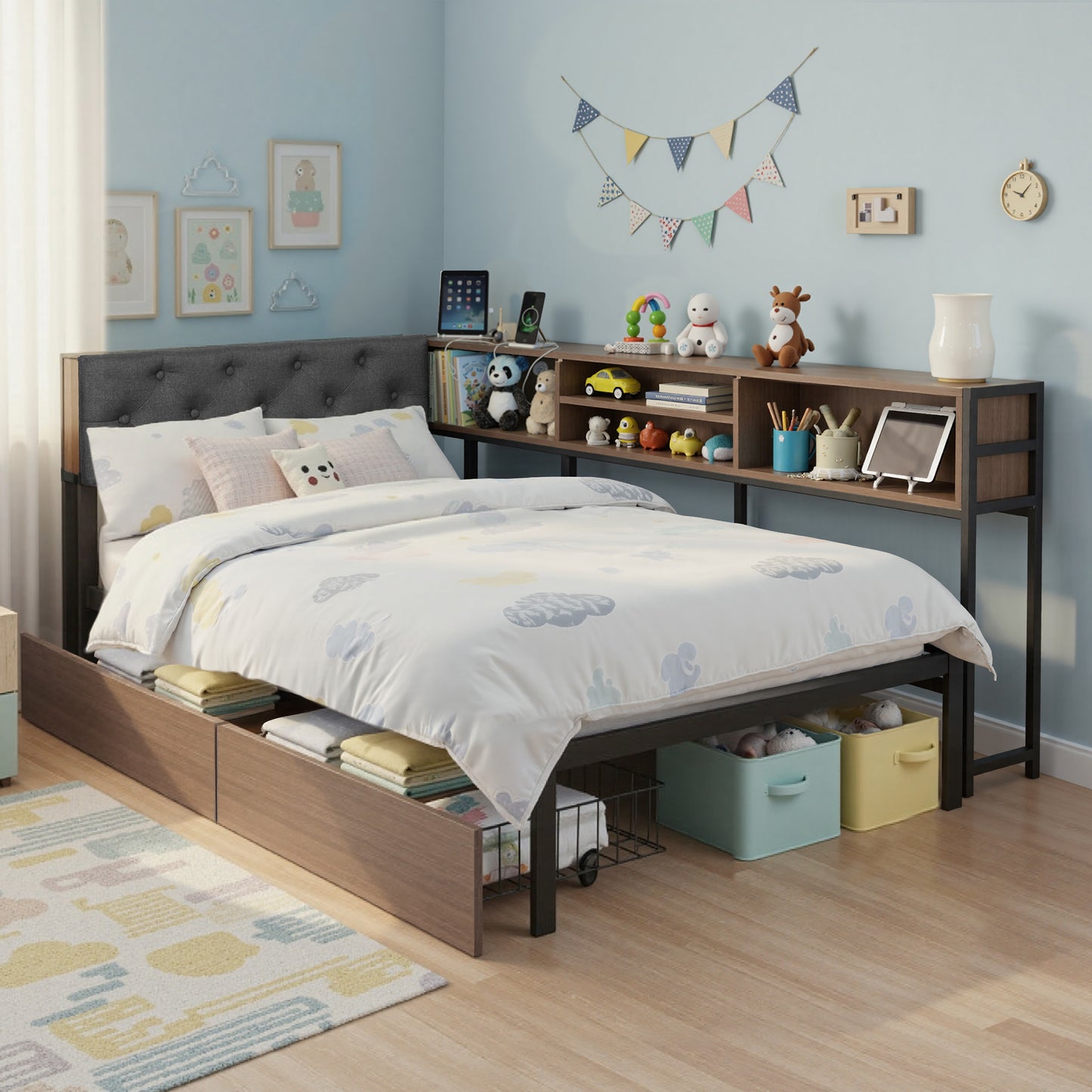 TWSC Bed Frame Single Size with 2 Drawers and Charging Station Metal Corner Bed Base