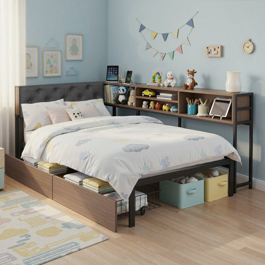 TWSC Bed Frame Single Size with 2 Drawers and Charging Station Metal Corner Bed Base