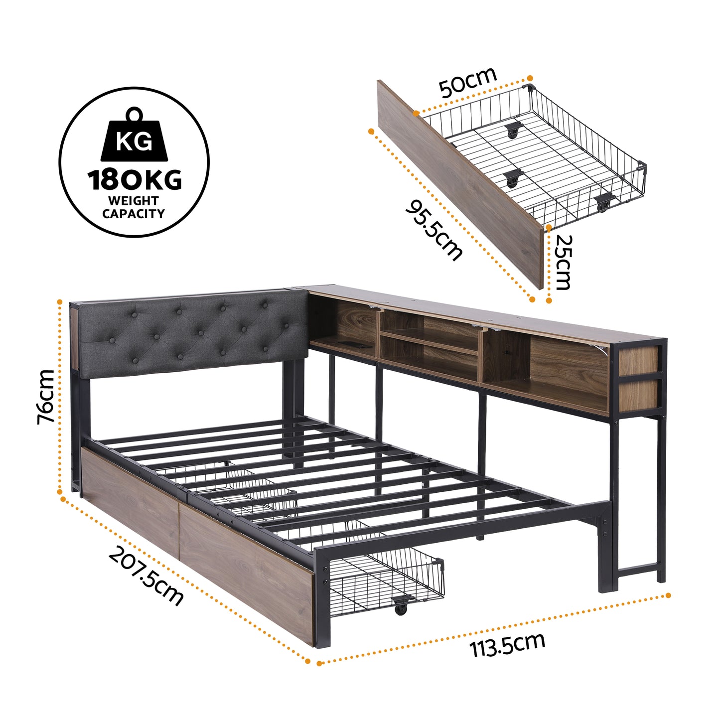 TWSC Bed Frame Single Size with 2 Drawers and Charging Station Metal Corner Bed Base