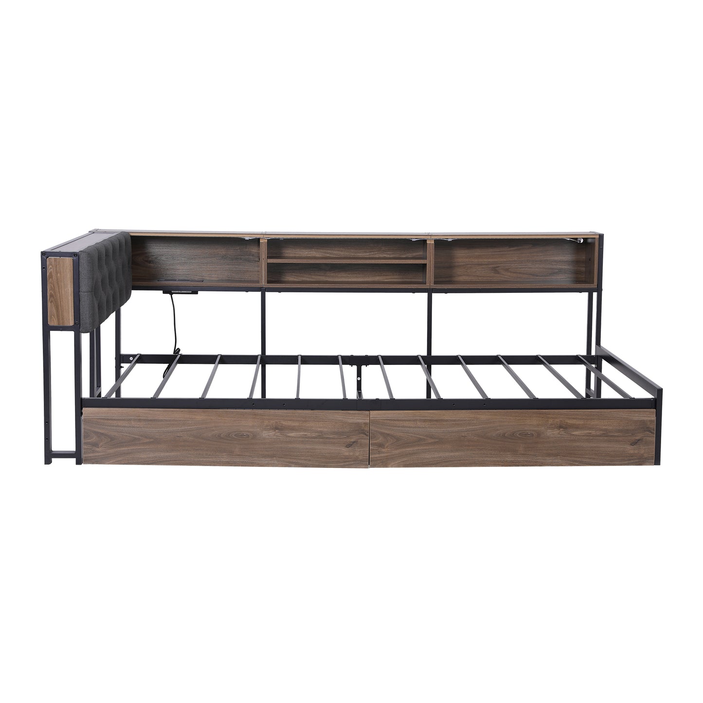 TWSC Bed Frame Single Size with 2 Drawers and Charging Station Metal Corner Bed Base