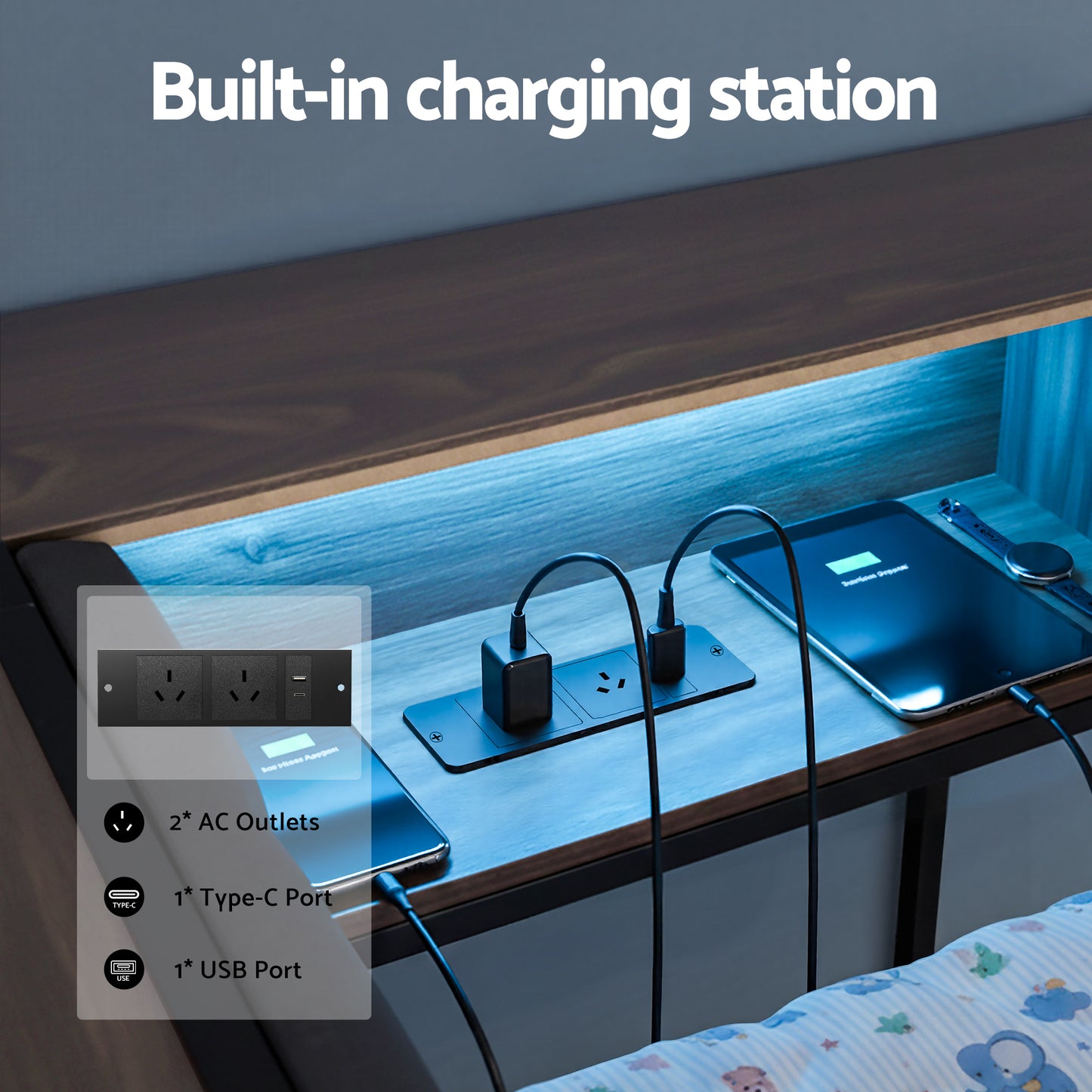 TWSC Bed Frame Single Size with 2 Drawers and Charging Station Metal Corner Bed Base