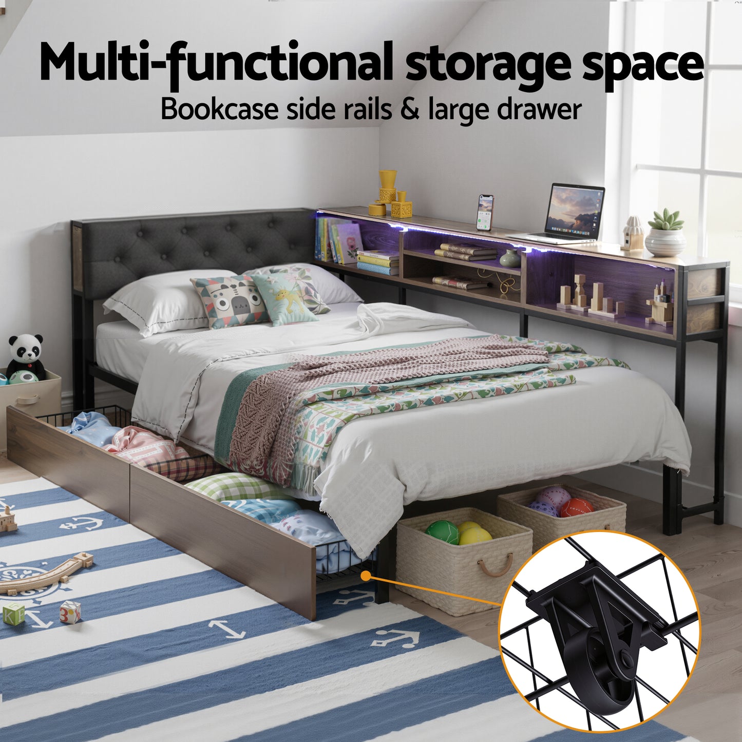 TWSC Bed Frame Single Size with 2 Drawers and Charging Station Metal Corner Bed Base