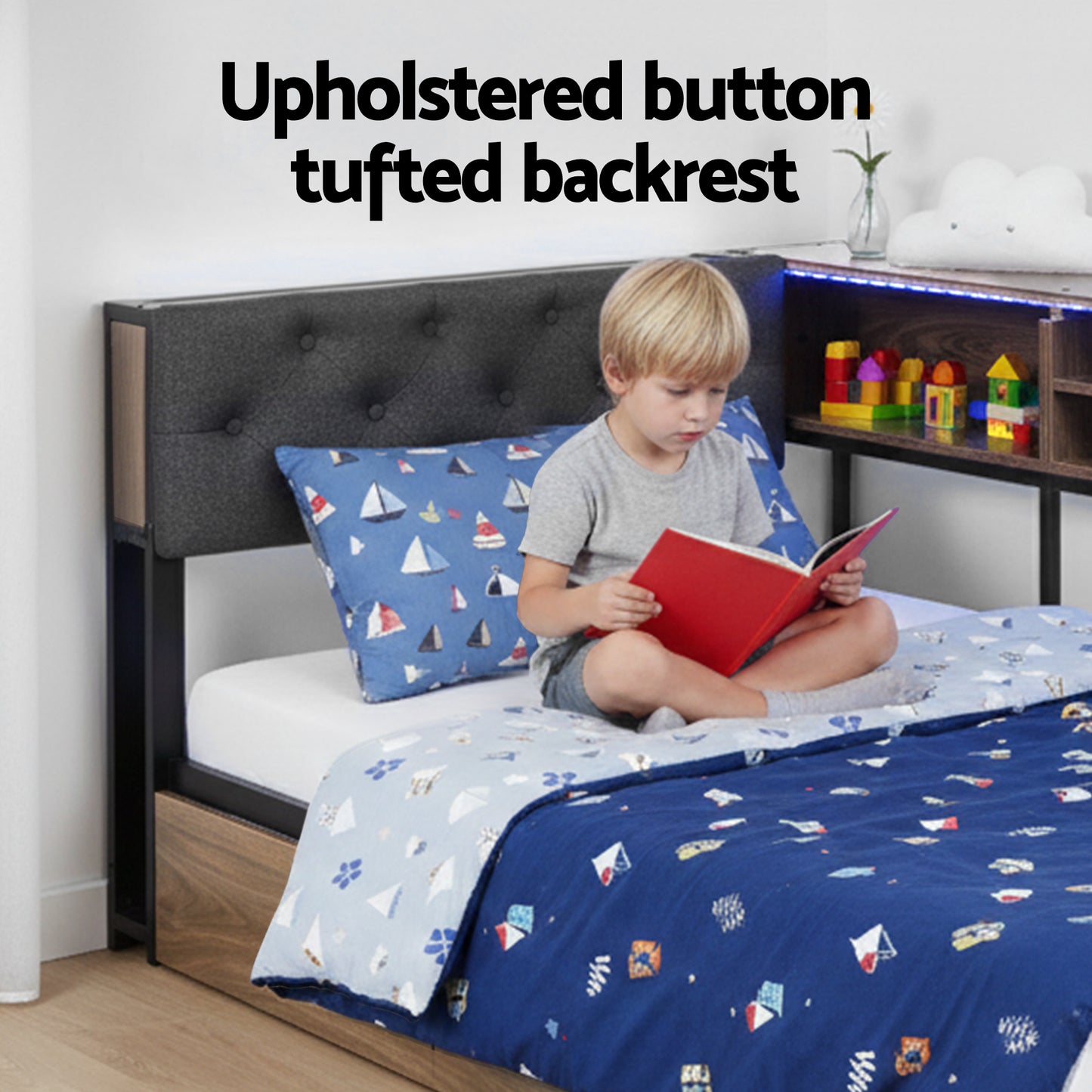 TWSC Bed Frame Single Size with 2 Drawers and Charging Station Metal Corner Bed Base