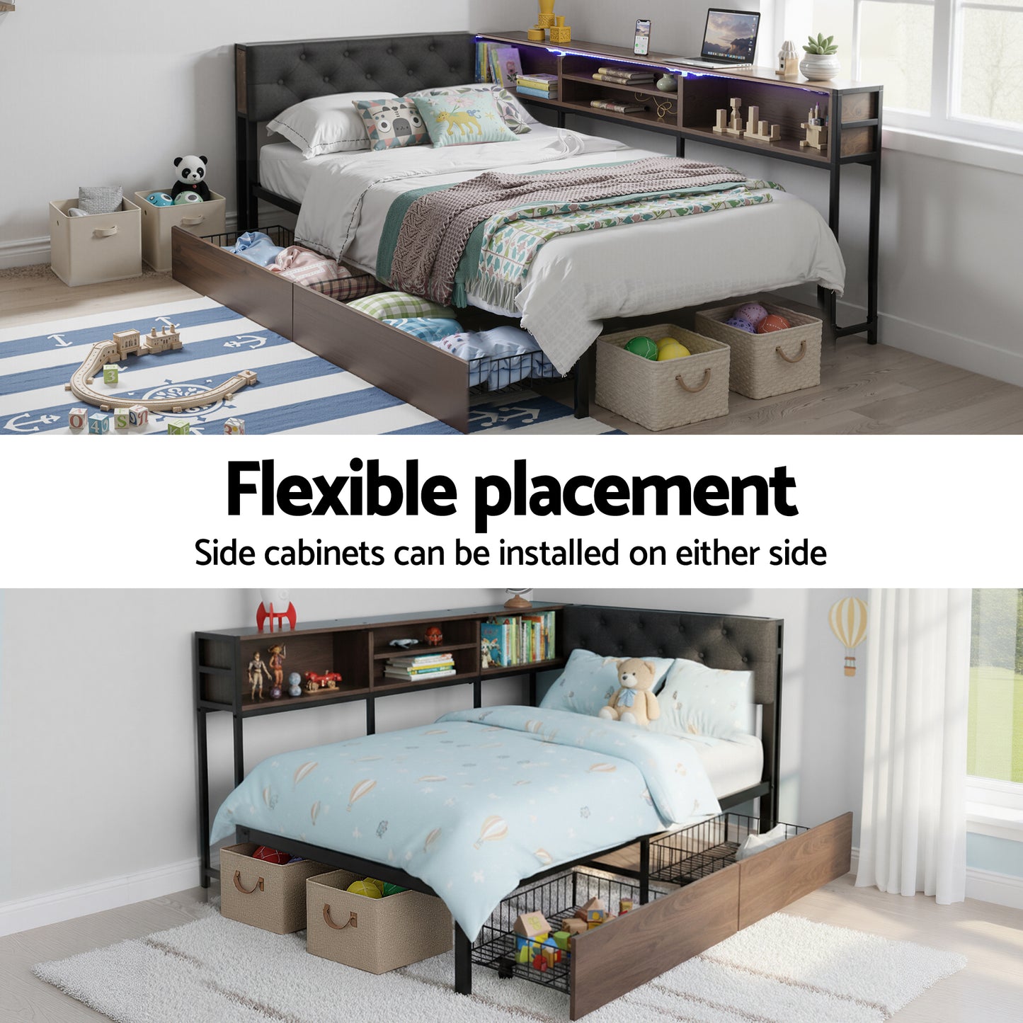 TWSC Bed Frame Single Size with 2 Drawers and Charging Station Metal Corner Bed Base