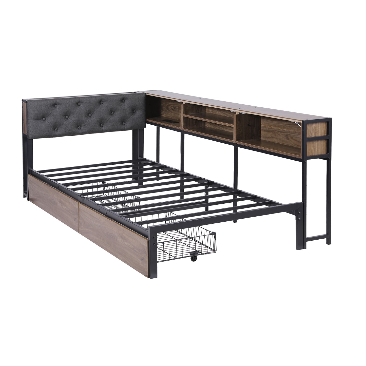 TWSC Bed Frame Single Size with 2 Drawers and Charging Station Metal Corner Bed Base