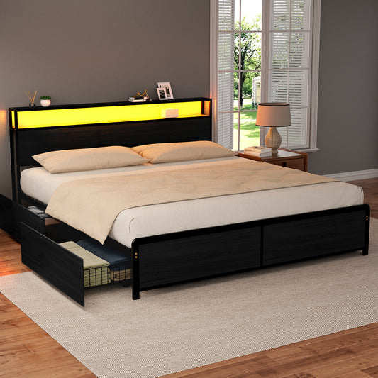 Metal Bed Frame with LED Headboard, Storage Drawers & Charging Station – King Size, Black