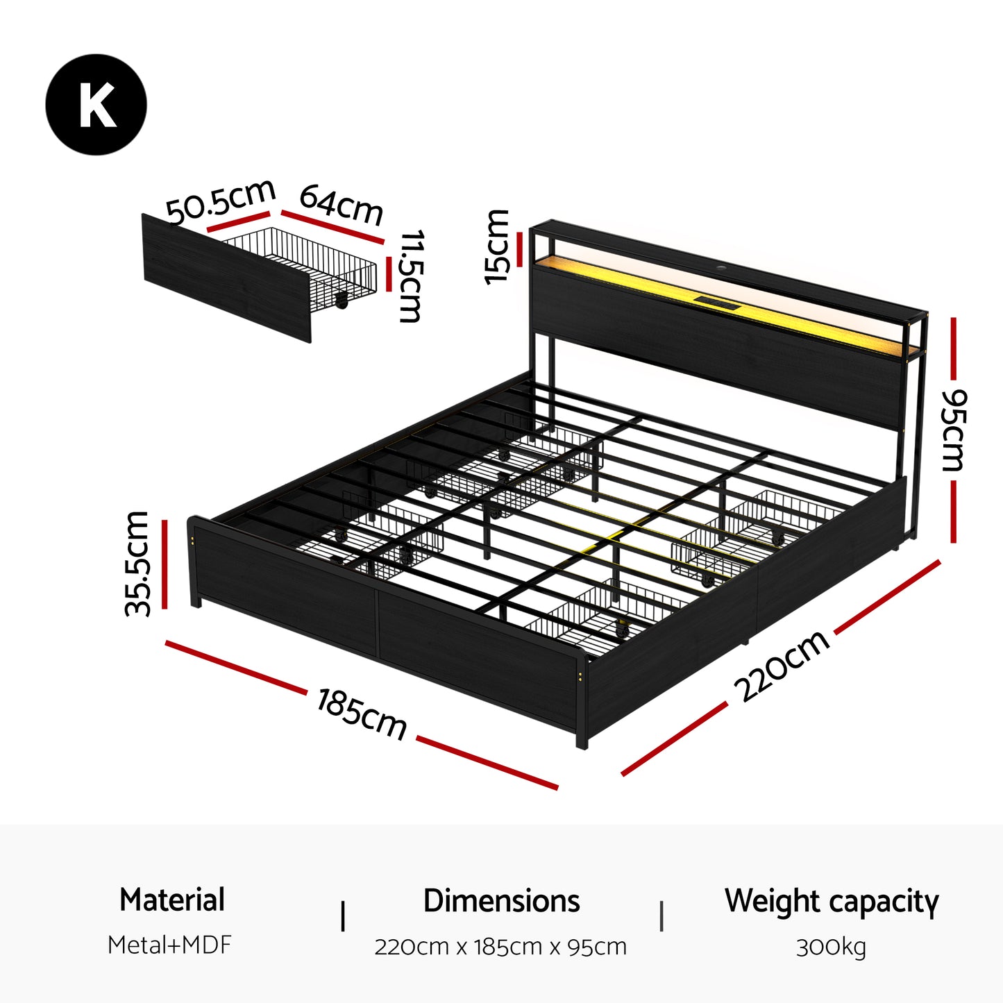 Metal Bed Frame with LED Headboard, Storage Drawers & Charging Station – King Size, Black