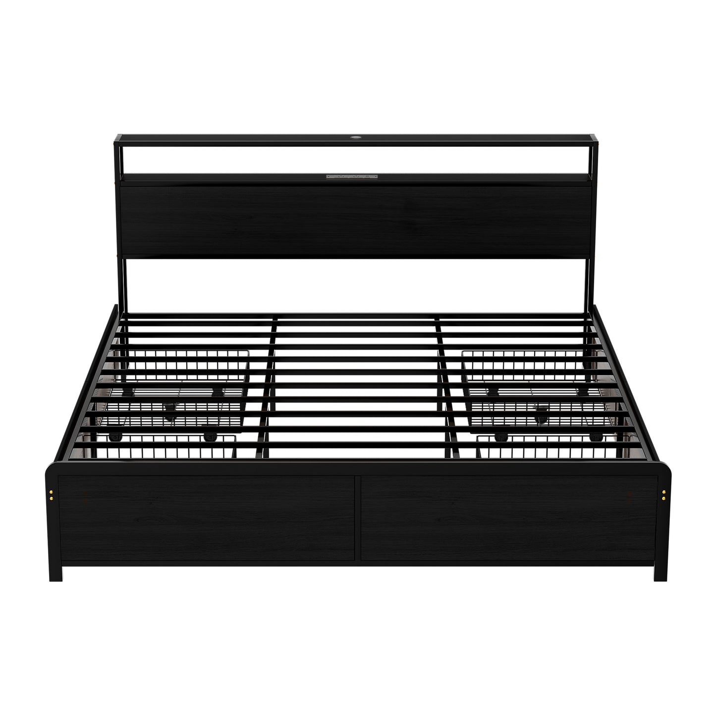 Metal Bed Frame with LED Headboard, Storage Drawers & Charging Station – King Size, Black