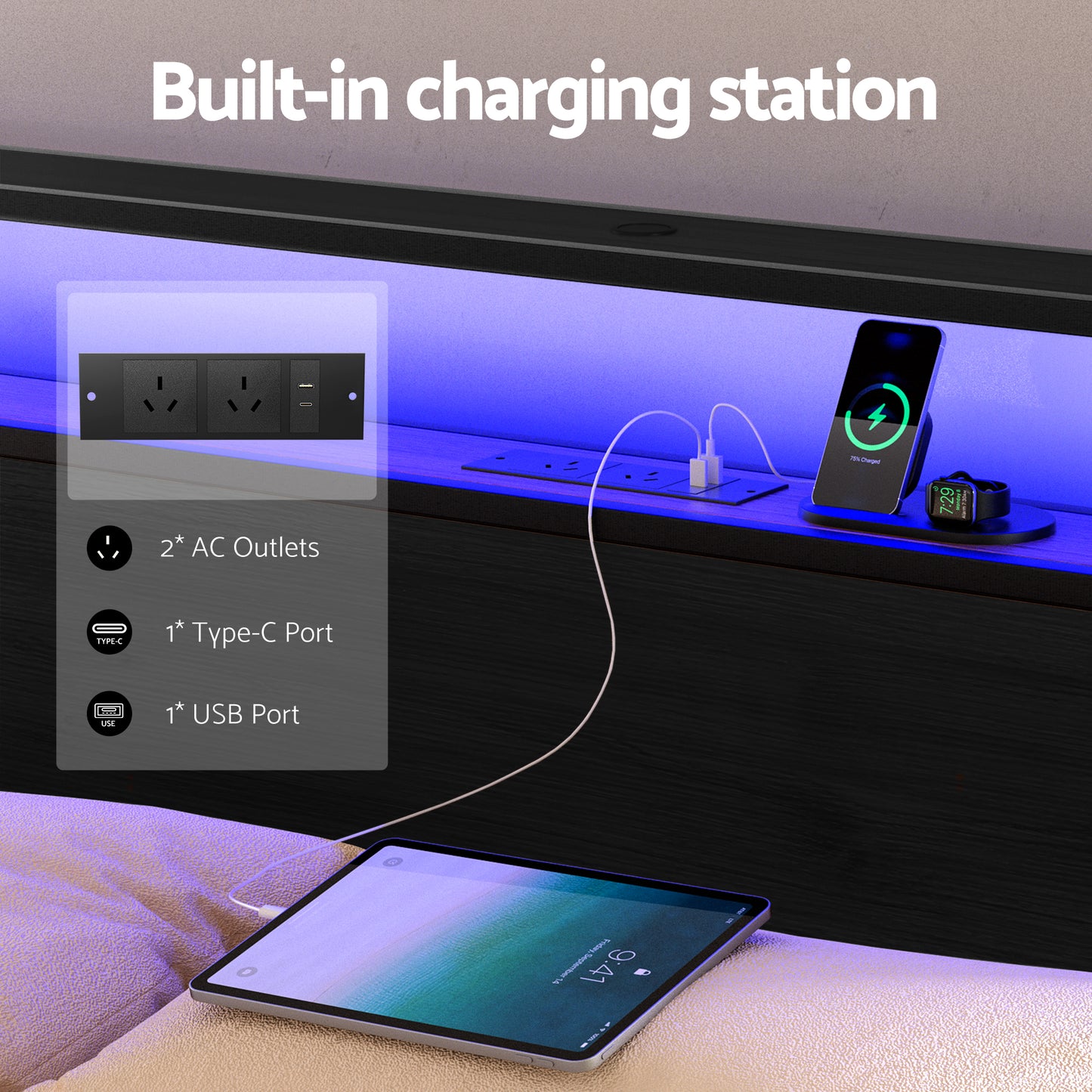 Metal Bed Frame with LED Headboard, Storage Drawers & Charging Station – King Size, Black