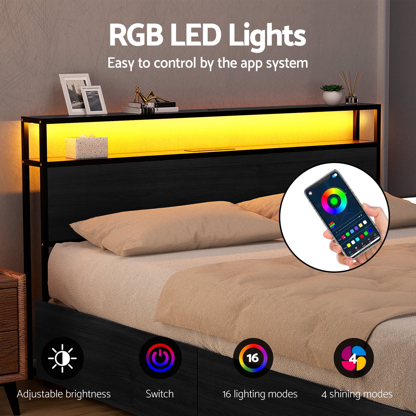 Metal Bed Frame with LED Headboard, Storage Drawers & Charging Station – King Size, Black