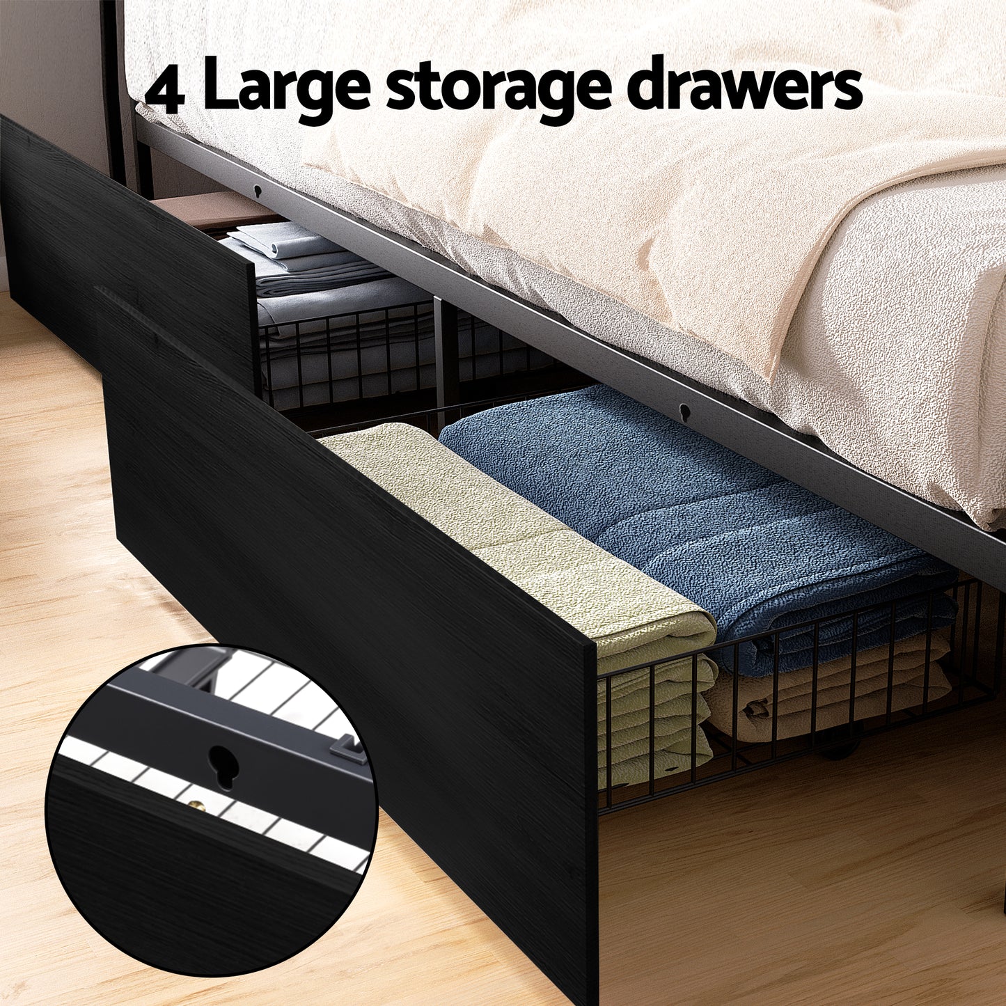 Metal Bed Frame with LED Headboard, Storage Drawers & Charging Station – King Size, Black