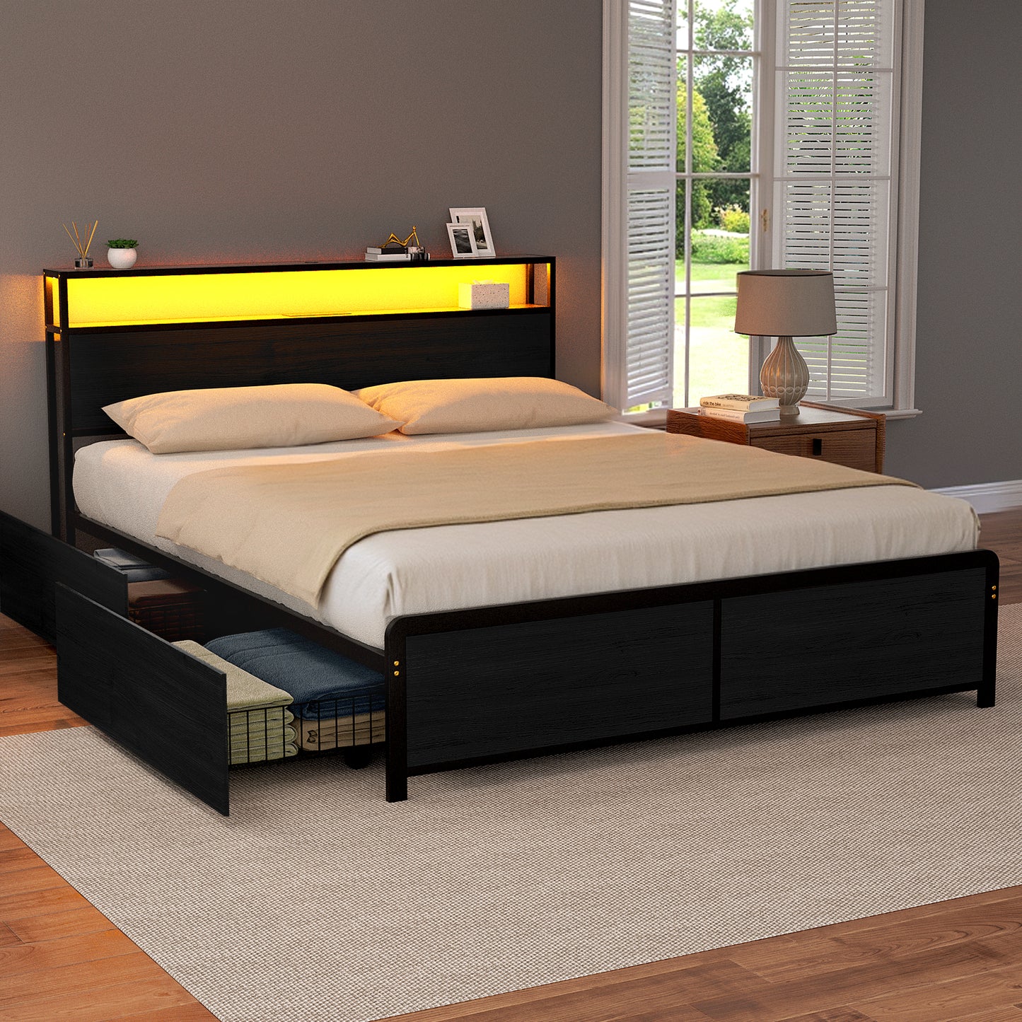 Metal Bed Frame with LED Headboard, Storage Drawers & Charging Station – Queen Size, Black