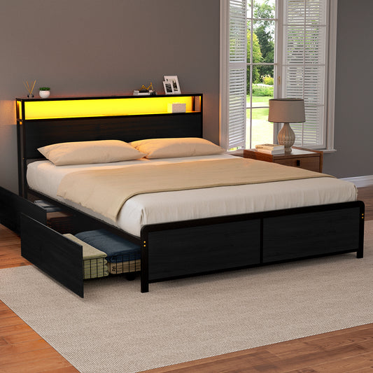 TWSC Metal Bed Frame Queen Size Storage Headboard Charge Station LED 4 Drawers