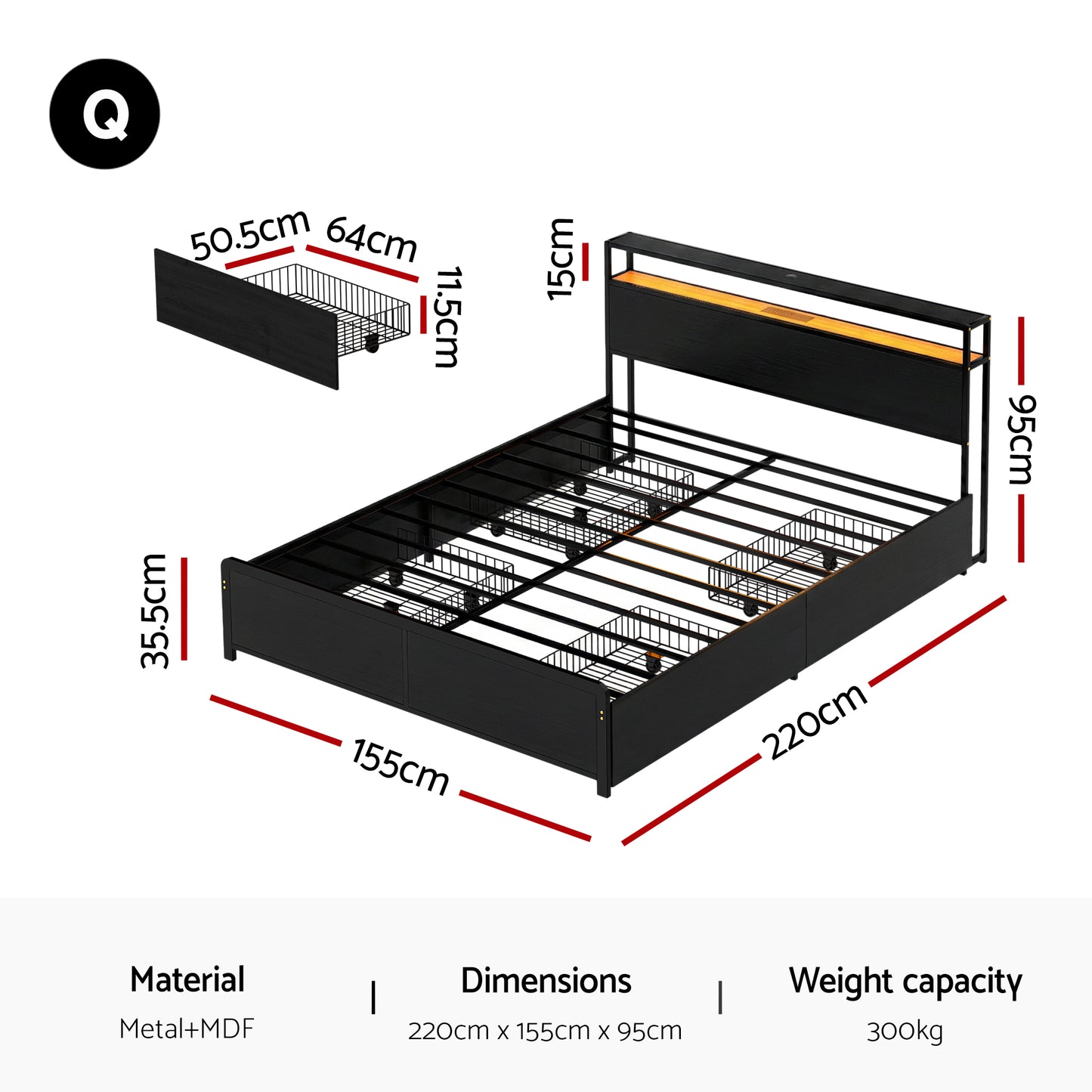 Metal Bed Frame with LED Headboard, Storage Drawers & Charging Station – Queen Size, Black