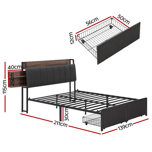 Metal Bed Frame with 2-Tier Hidden Storage and Charging Station – Double Size, Grey Faux Linen