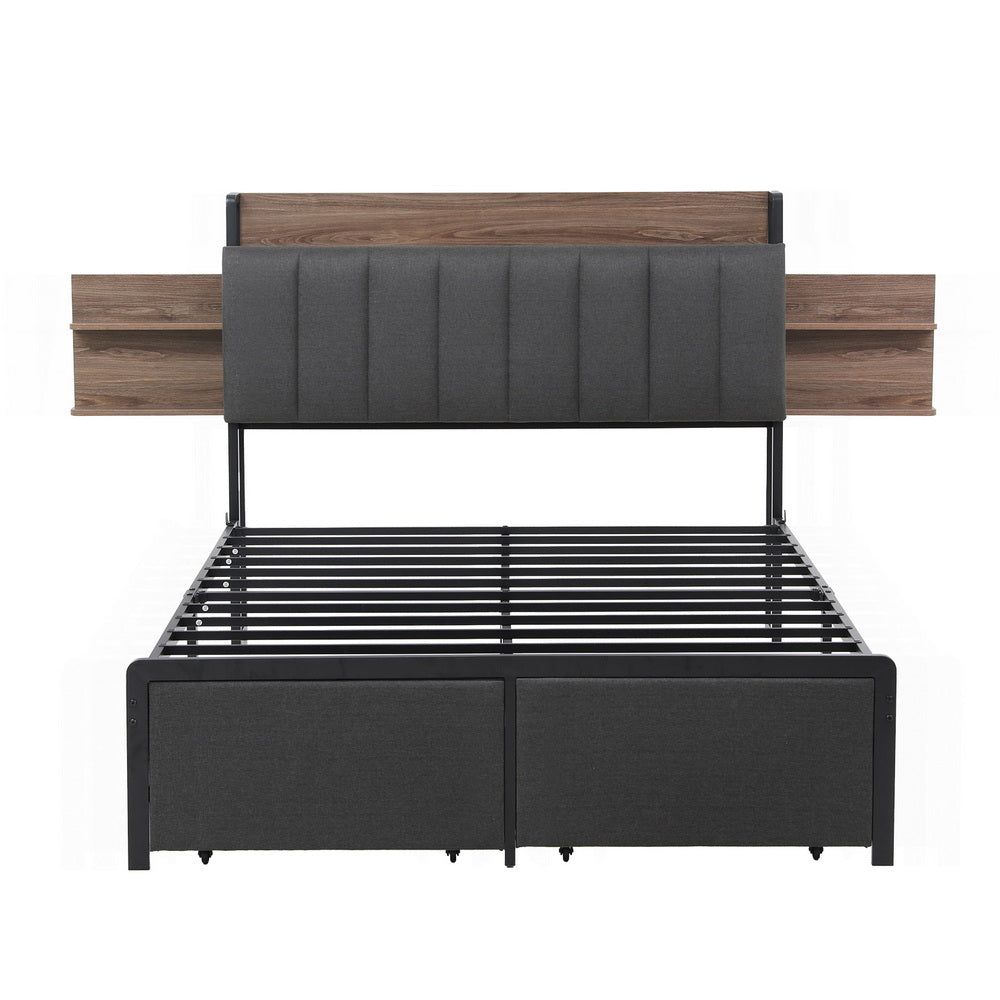 Metal Bed Frame with 2-Tier Hidden Storage and Charging Station – Double Size, Grey Faux Linen