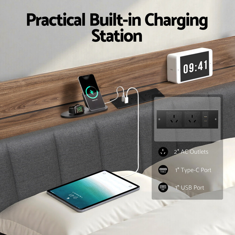 Metal Bed Frame with 2-Tier Hidden Storage and Charging Station – Double Size, Grey Faux Linen