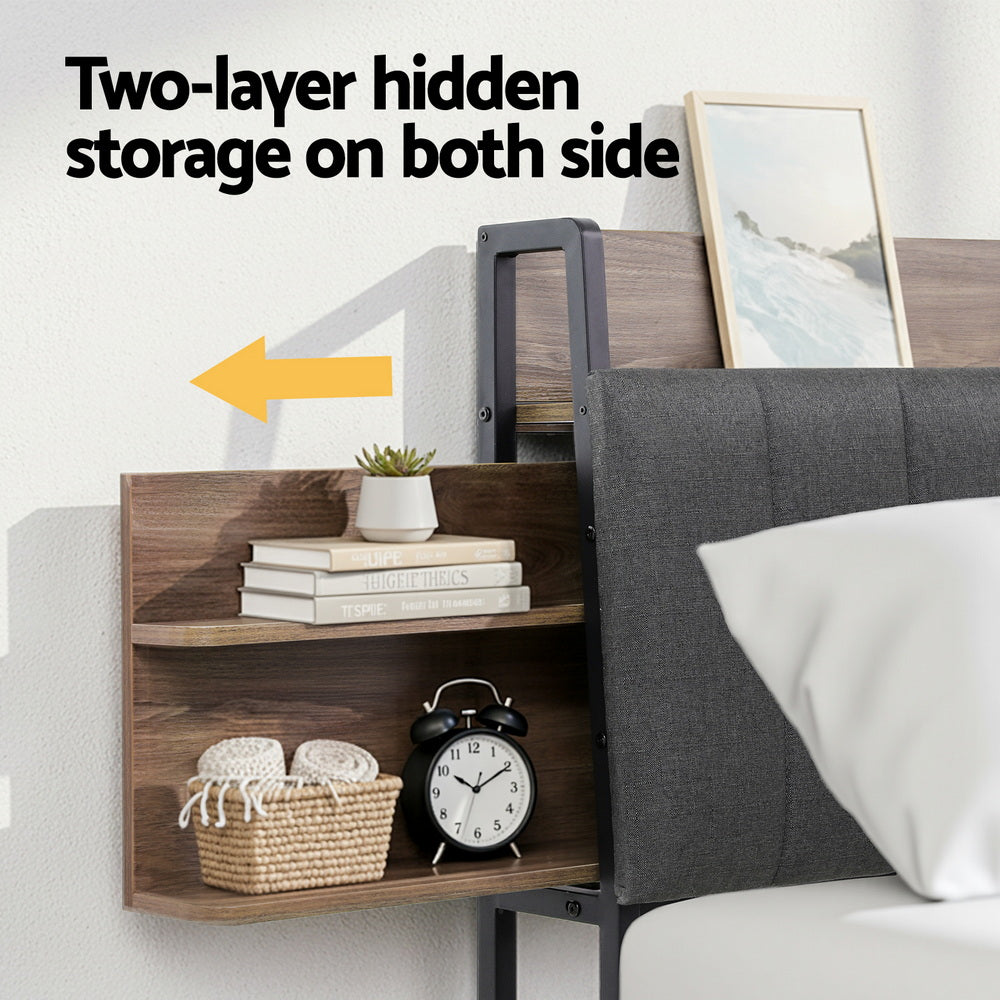 Metal Bed Frame with 2-Tier Hidden Storage and Charging Station – Double Size, Grey Faux Linen