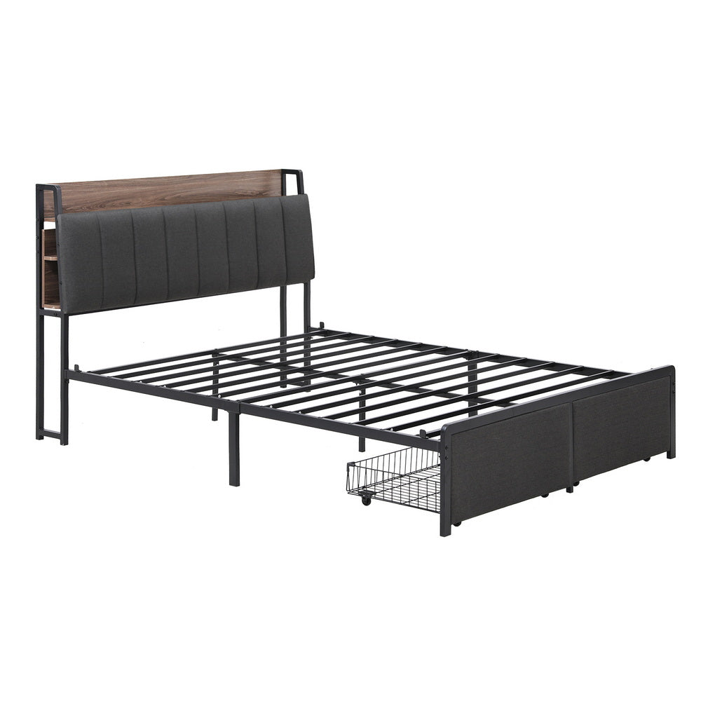 Metal Bed Frame with 2-Tier Hidden Storage and Charging Station – Double Size, Grey Faux Linen