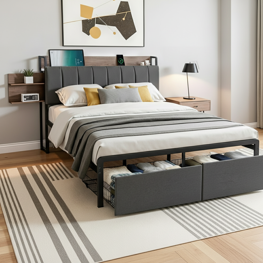 Metal Bed Frame with 2-Tier Hidden Storage and Charging Station – Double Size, Grey Faux Linen