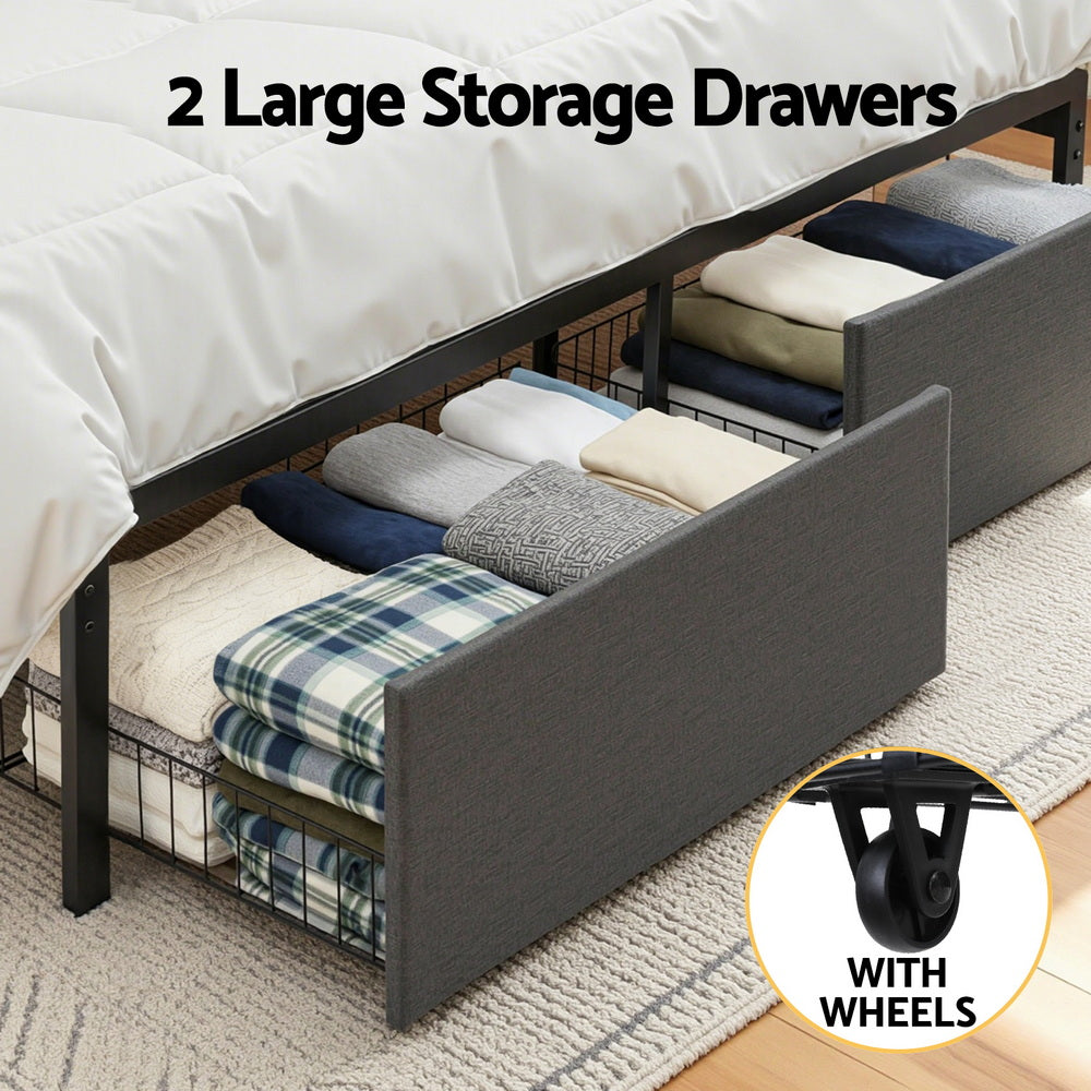 Metal Bed Frame with 2-Tier Hidden Storage and Charging Station – Double Size, Grey Faux Linen