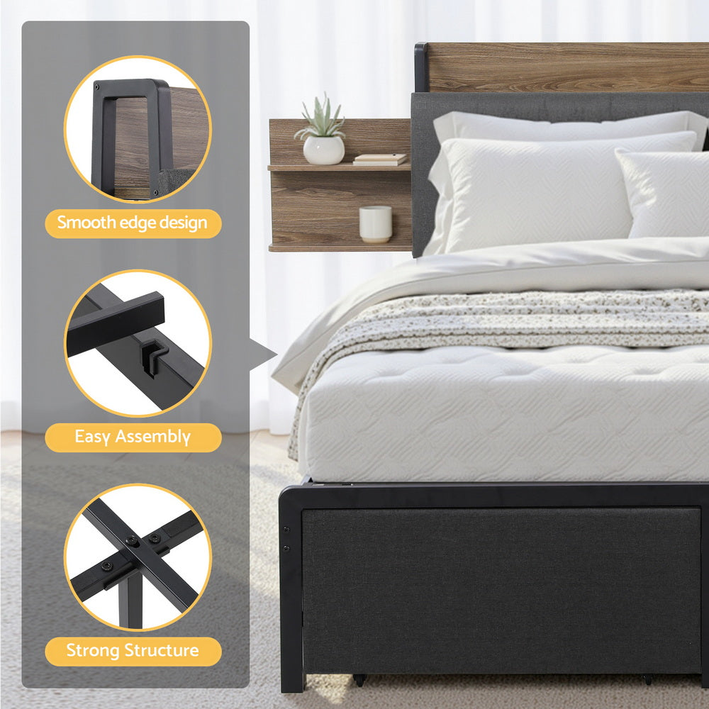 Metal Bed Frame with 2-Tier Hidden Storage and Charging Station – Double Size, Grey Faux Linen