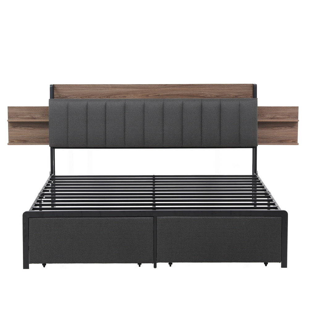Metal Bed Frame with Hidden Storage and Charging Station – King Size, Grey Faux Linen
