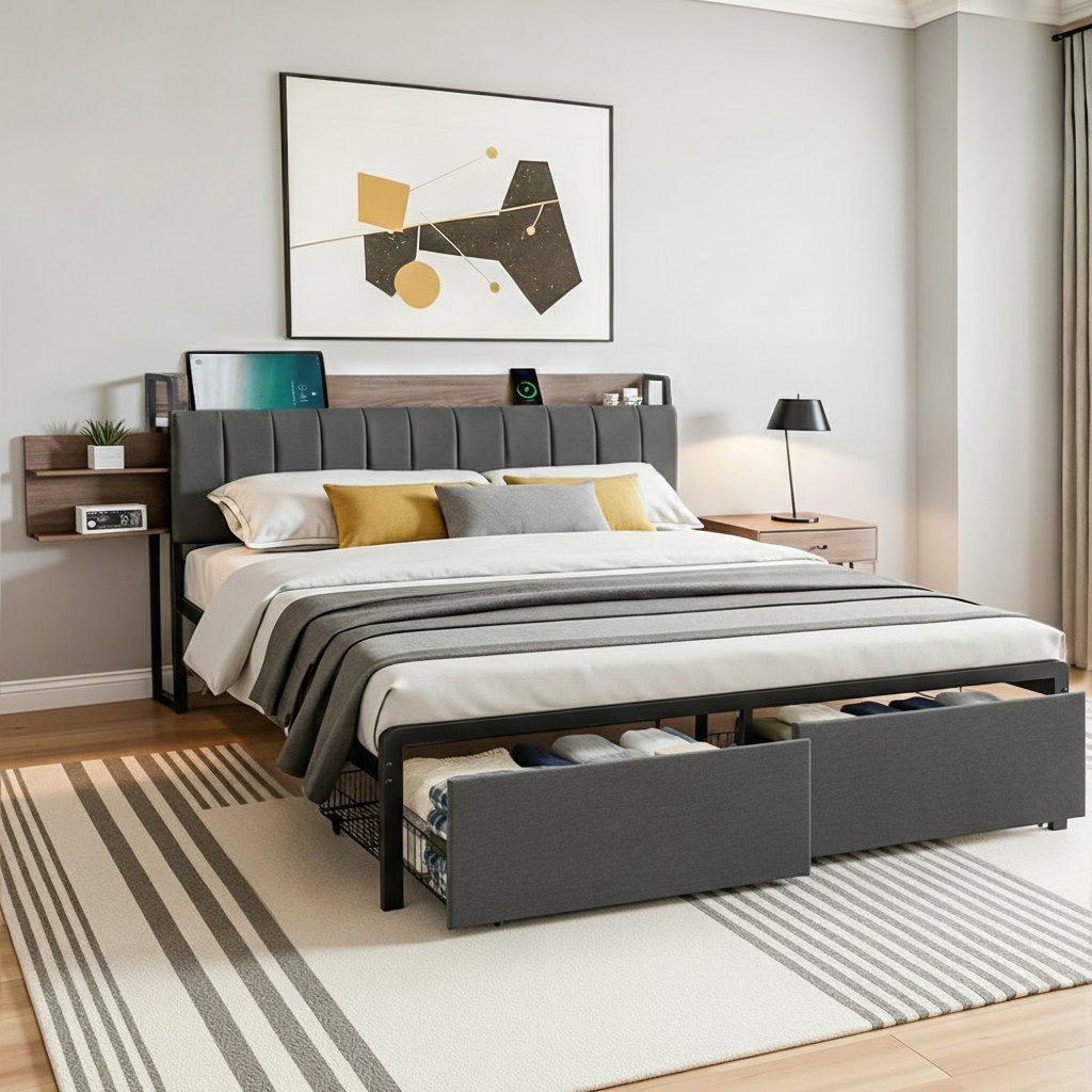 Metal Bed Frame with Hidden Storage and Charging Station – King Size, Grey Faux Linen