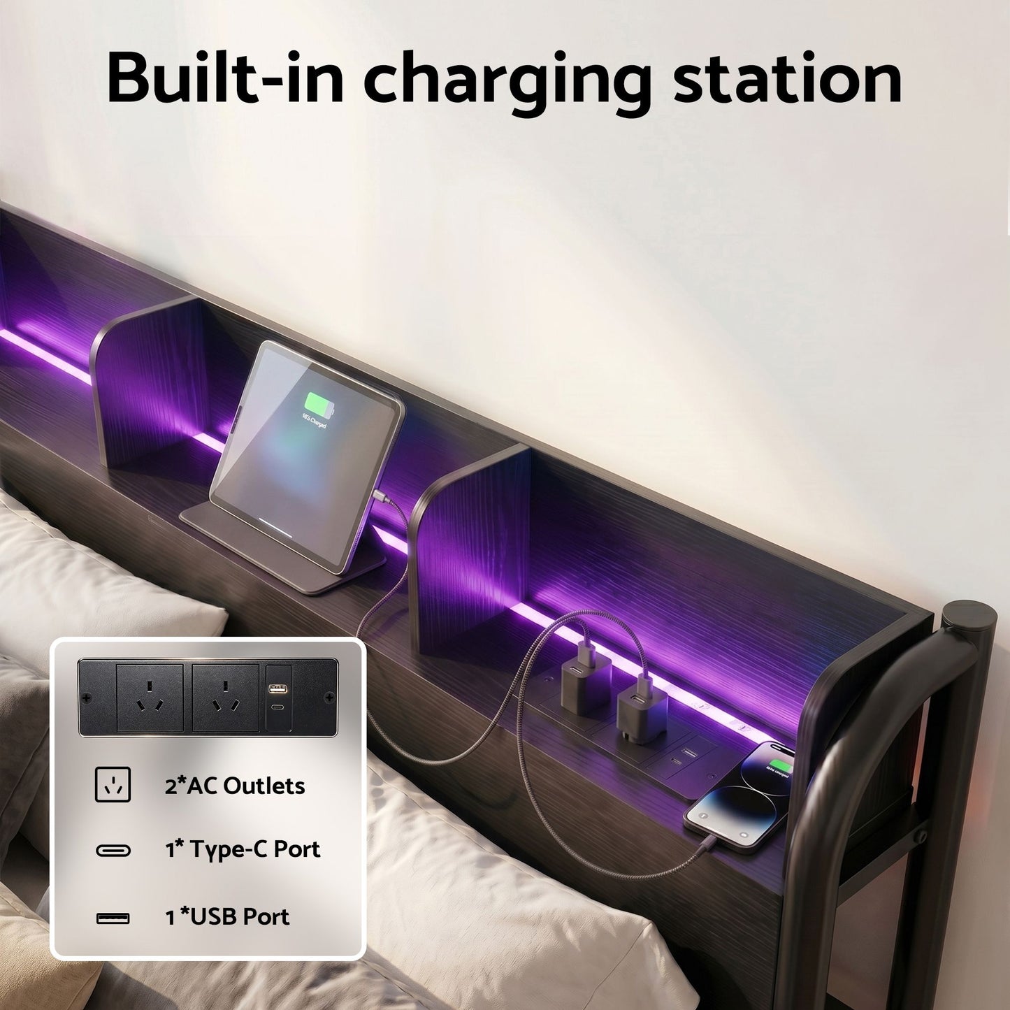 TWSC Bed Frame Double Size with Storage Shelf Headboard Charging Station GRID