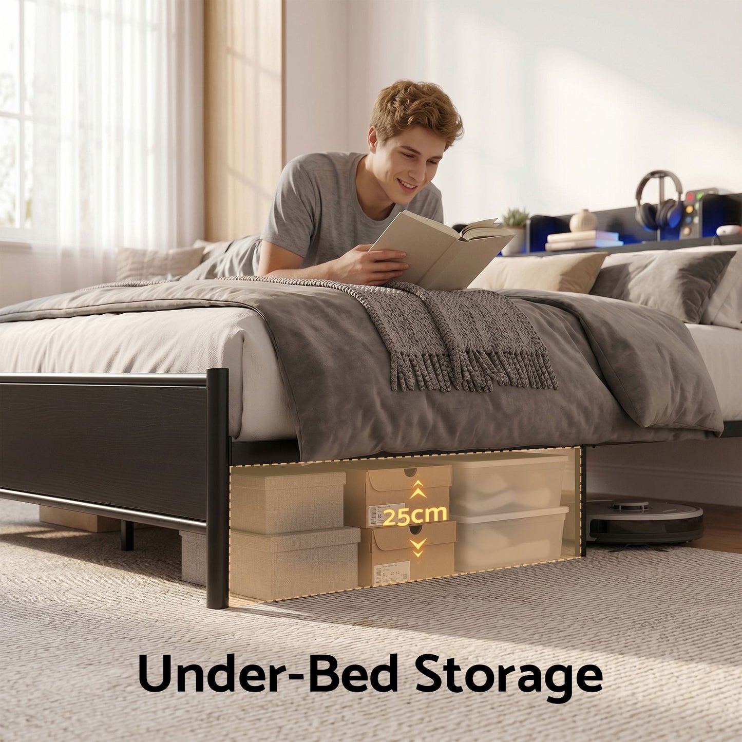 TWSC Bed Frame Double Size with Storage Shelf Headboard Charging Station GRID