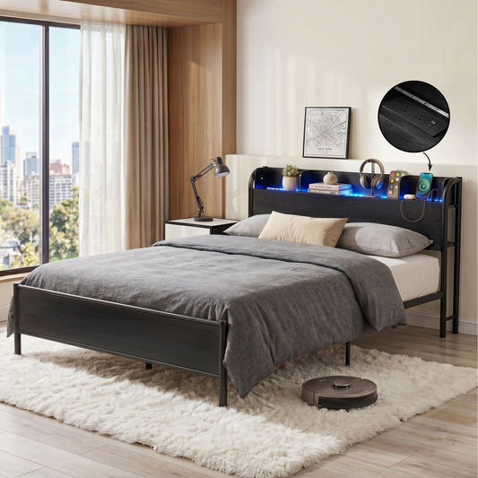 TWSC Bed Frame Queen Size with Storage Shelf Headboard Charging Station GRID