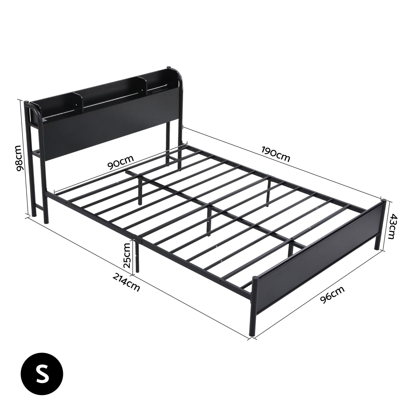TWSC Bed Frame Single Size with Storage Shelf Headboard Charging Station GRID