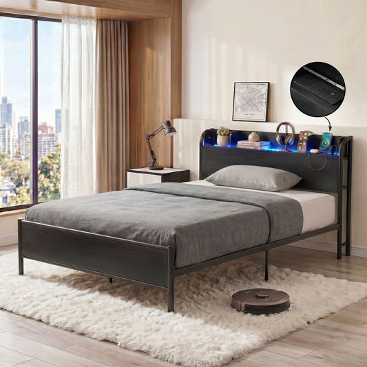 TWSC Bed Frame Single Size with Storage Shelf Headboard Charging Station GRID