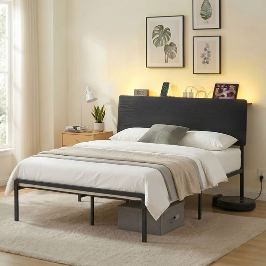 Bed Frame Queen with LED Lighting and Charging Station, Metal Black