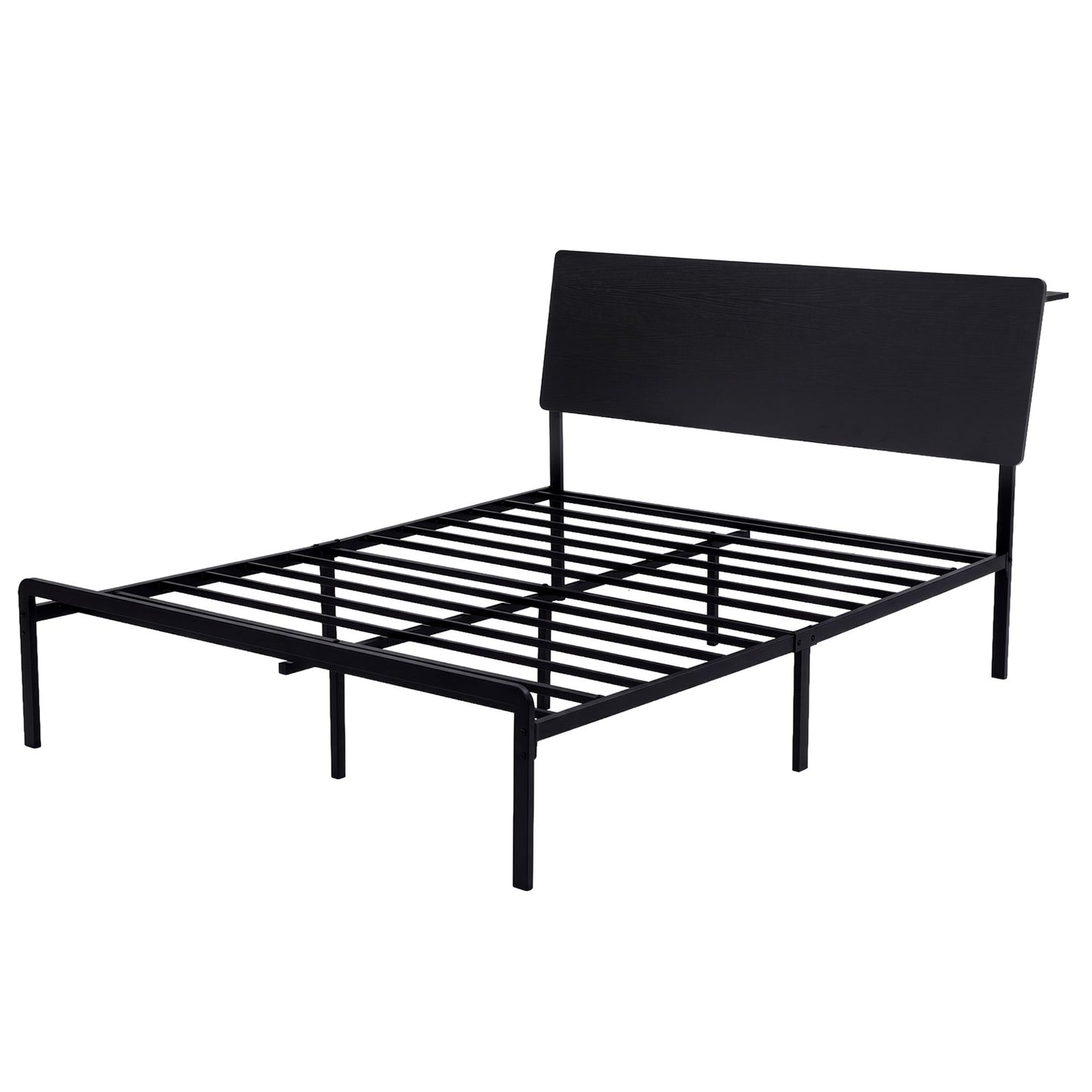 Bed Frame Queen with LED Lighting and Charging Station, Metal Black