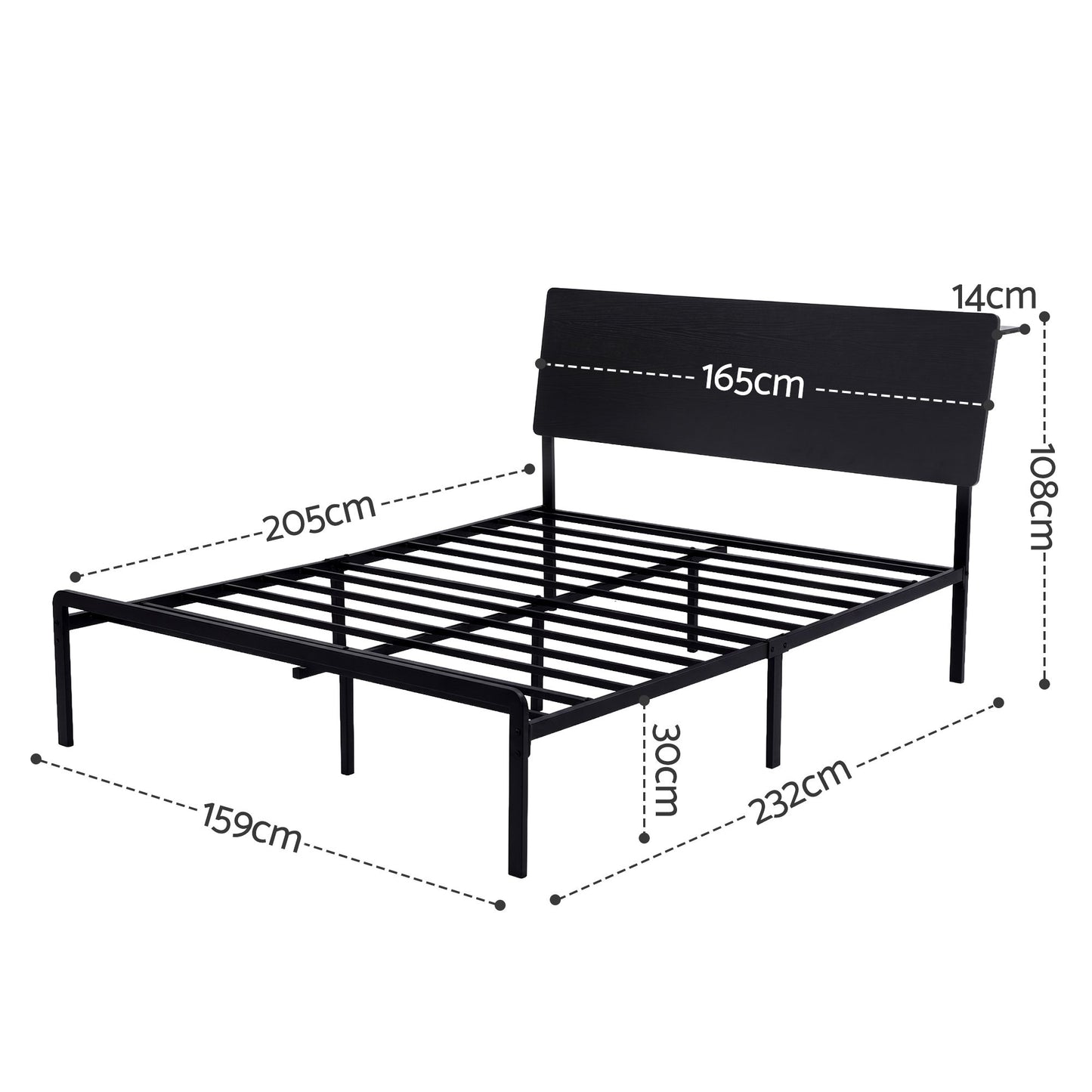 Bed Frame Queen with LED Lighting and Charging Station, Metal Black
