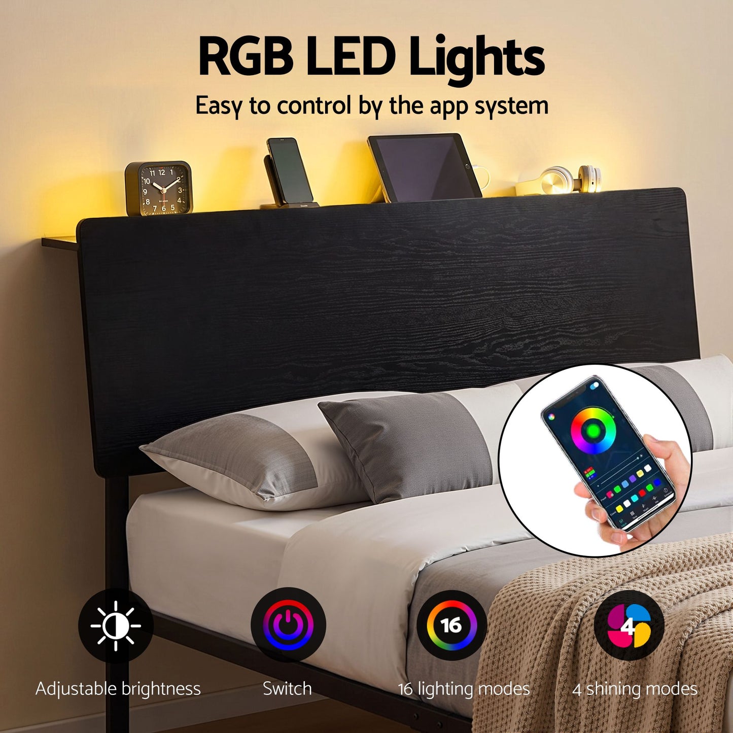 Bed Frame Queen with LED Lighting and Charging Station, Metal Black