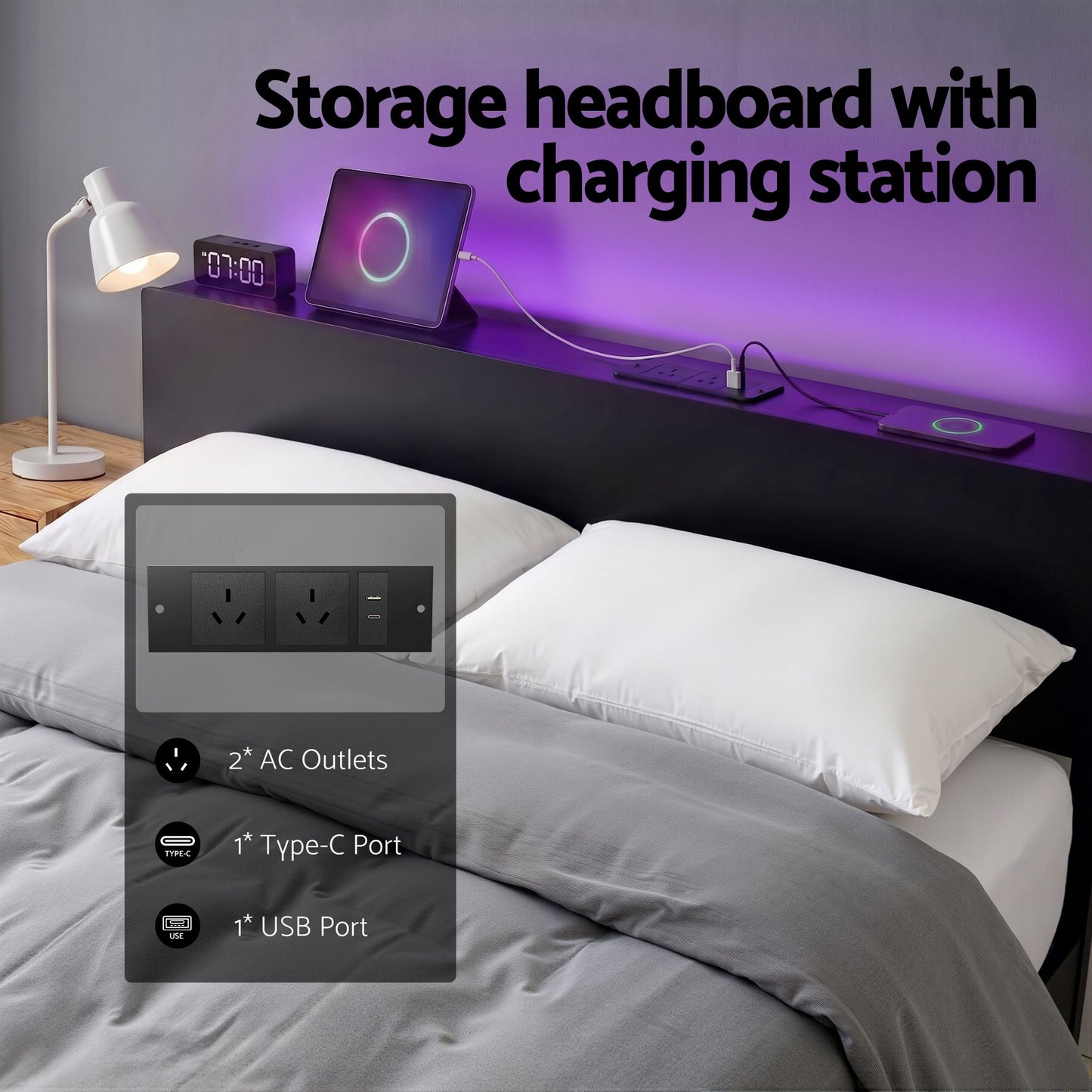 Bed Frame Queen with LED Lighting and Charging Station, Metal Black