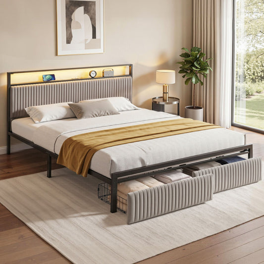 Metal Bed Frame King Size with LED Charging Station and Drawers
