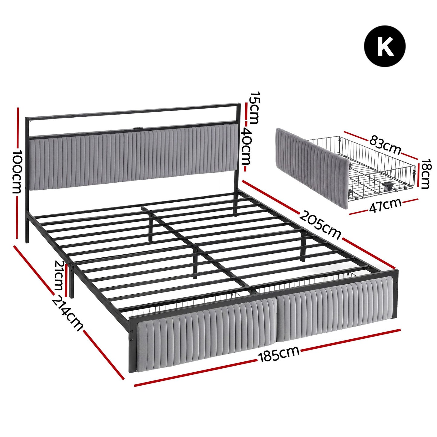 Metal Bed Frame King Size with LED Charging Station and Drawers