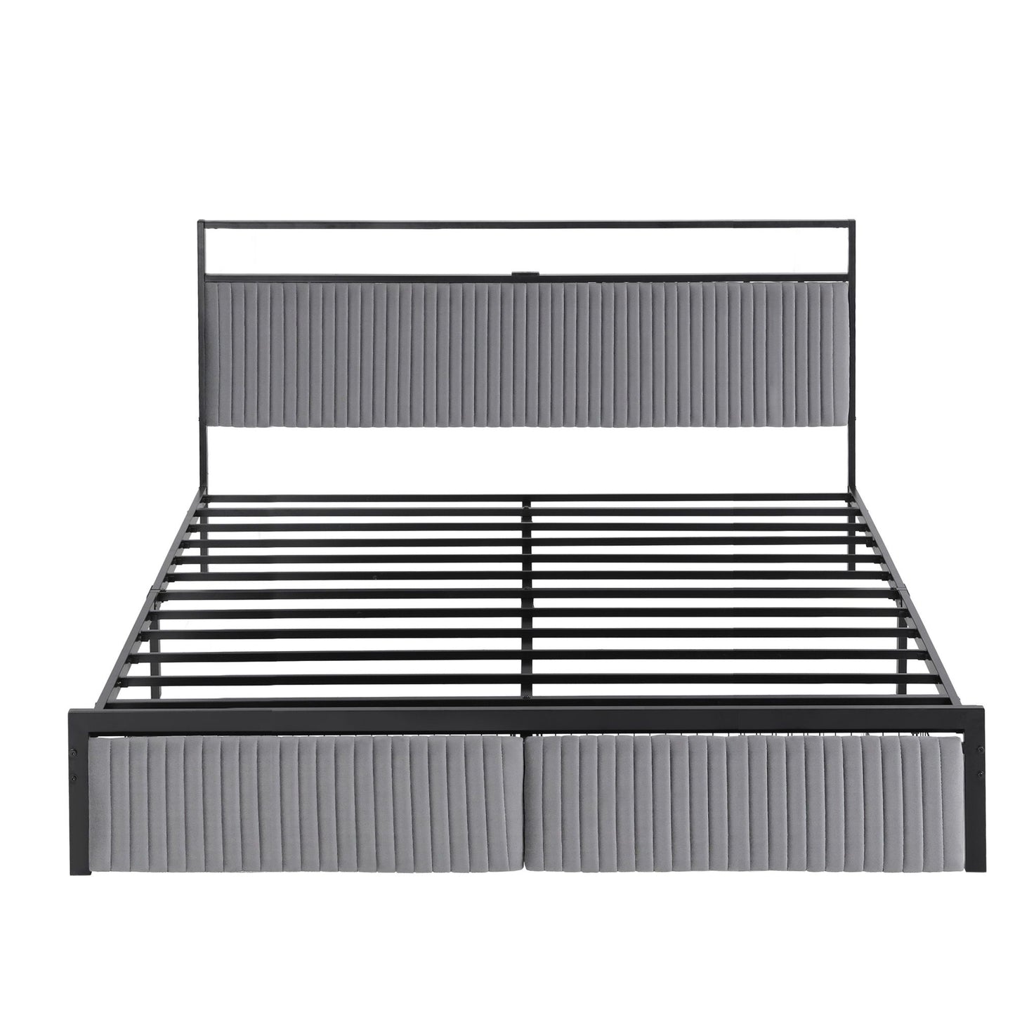 Metal Bed Frame King Size with LED Charging Station and Drawers