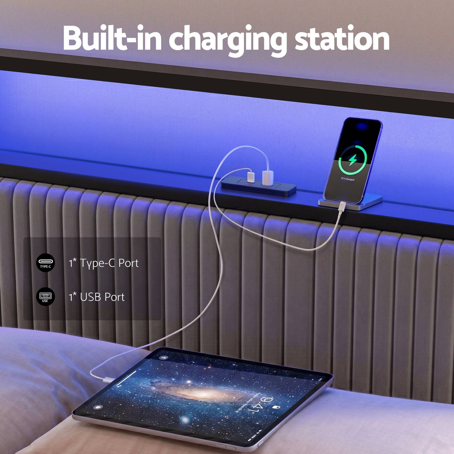 Metal Bed Frame King Size with LED Charging Station and Drawers