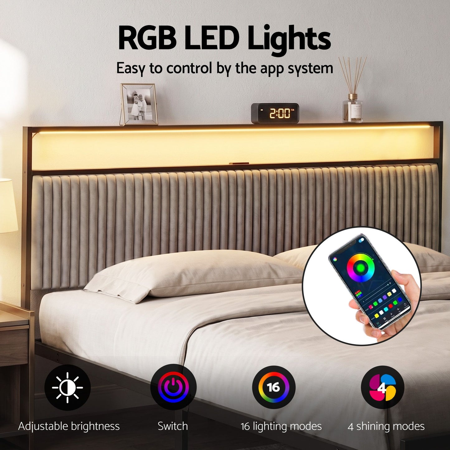 Metal Bed Frame King Size with LED Charging Station and Drawers