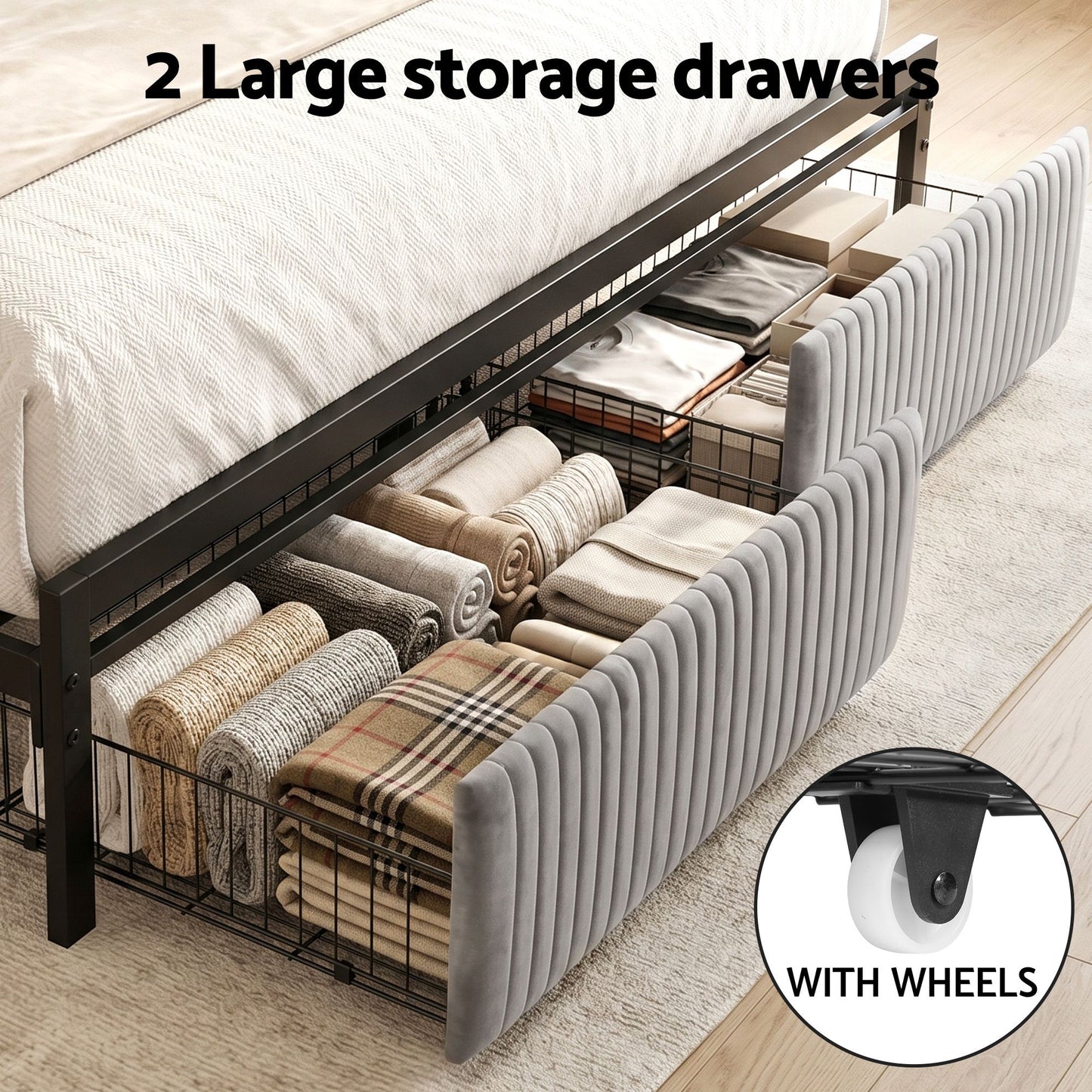 Metal Bed Frame King Size with LED Charging Station and Drawers
