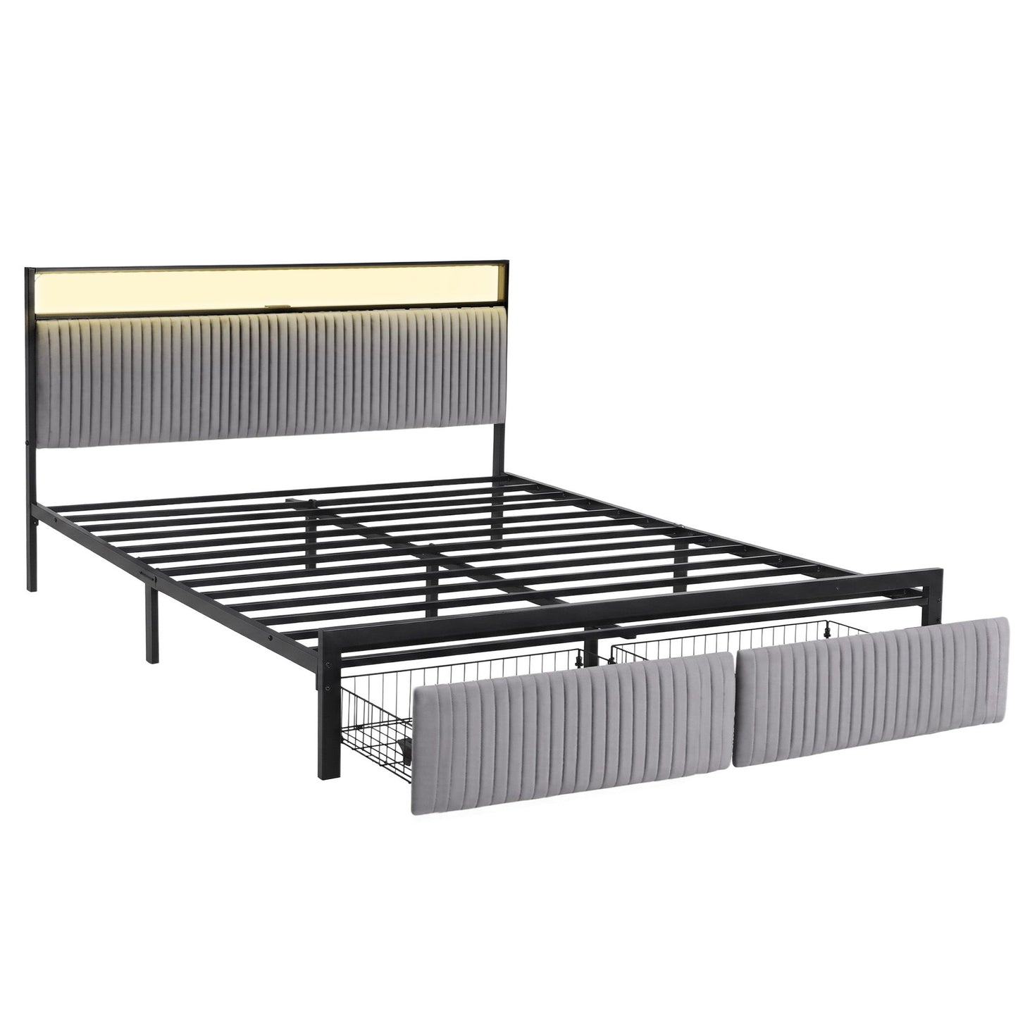 Metal Bed Frame King Size with LED Charging Station and Drawers